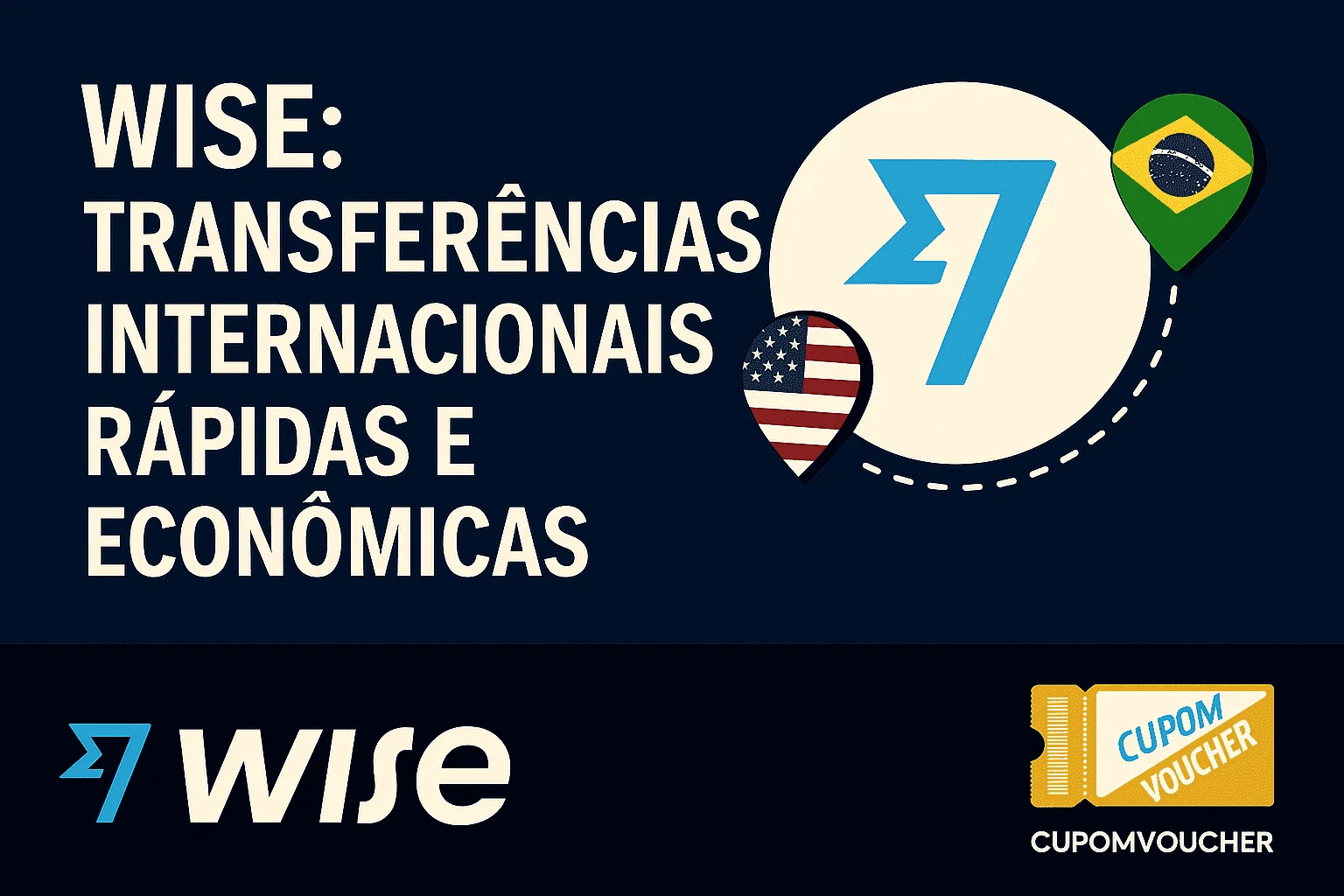 Imagem com o texto “WISE: Transferências internacionais rápidas e econômicas”, com ícones das bandeiras dos EUA e Brasil e o logotipo da Wise.
