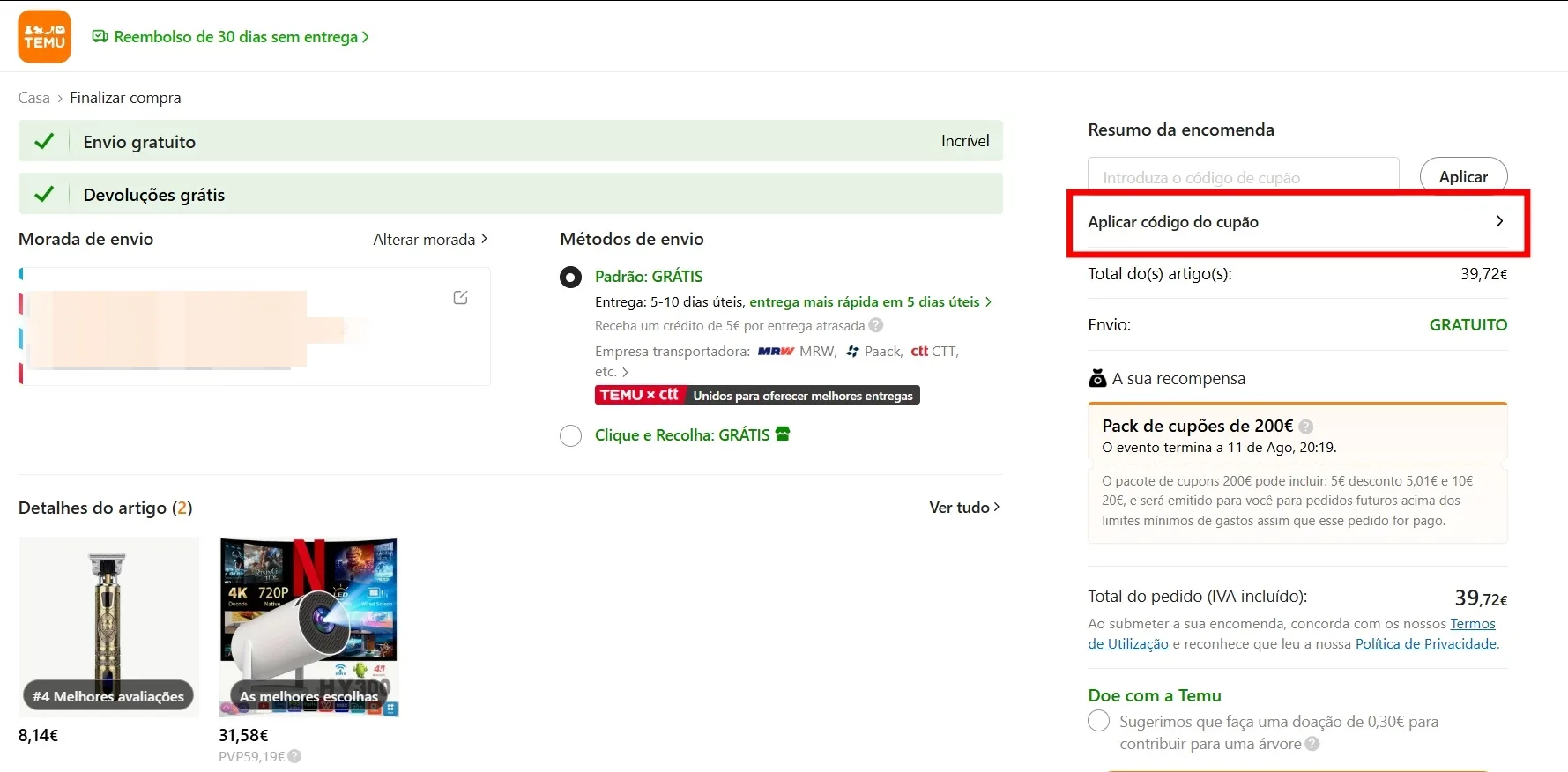 Captura de tela da página de checkout da Temu mostrando o campo onde aplicar o código do cupão e receber o desconto de até 90%.